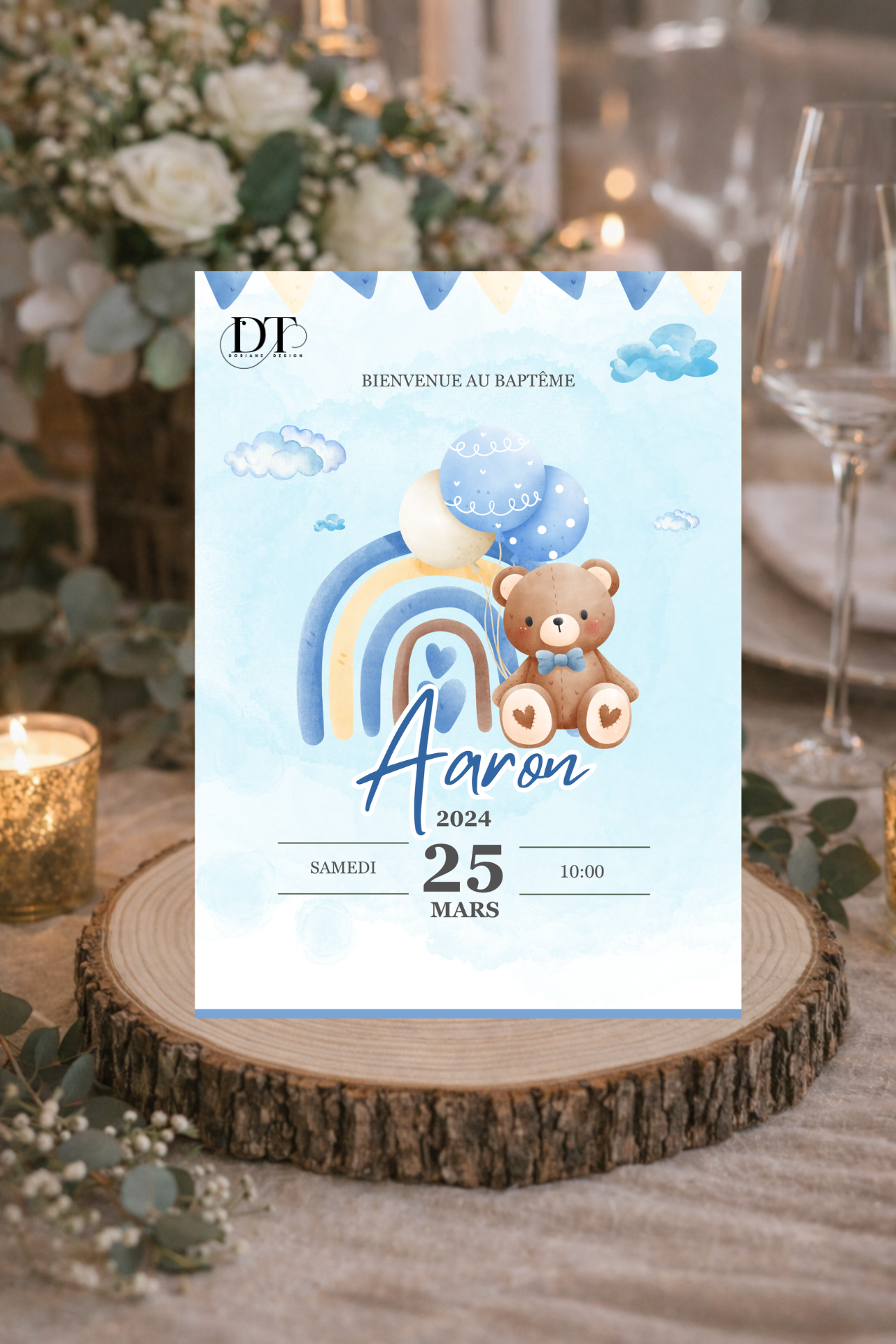 Affiche décoration de baptême Ourson arc en ciel bleu