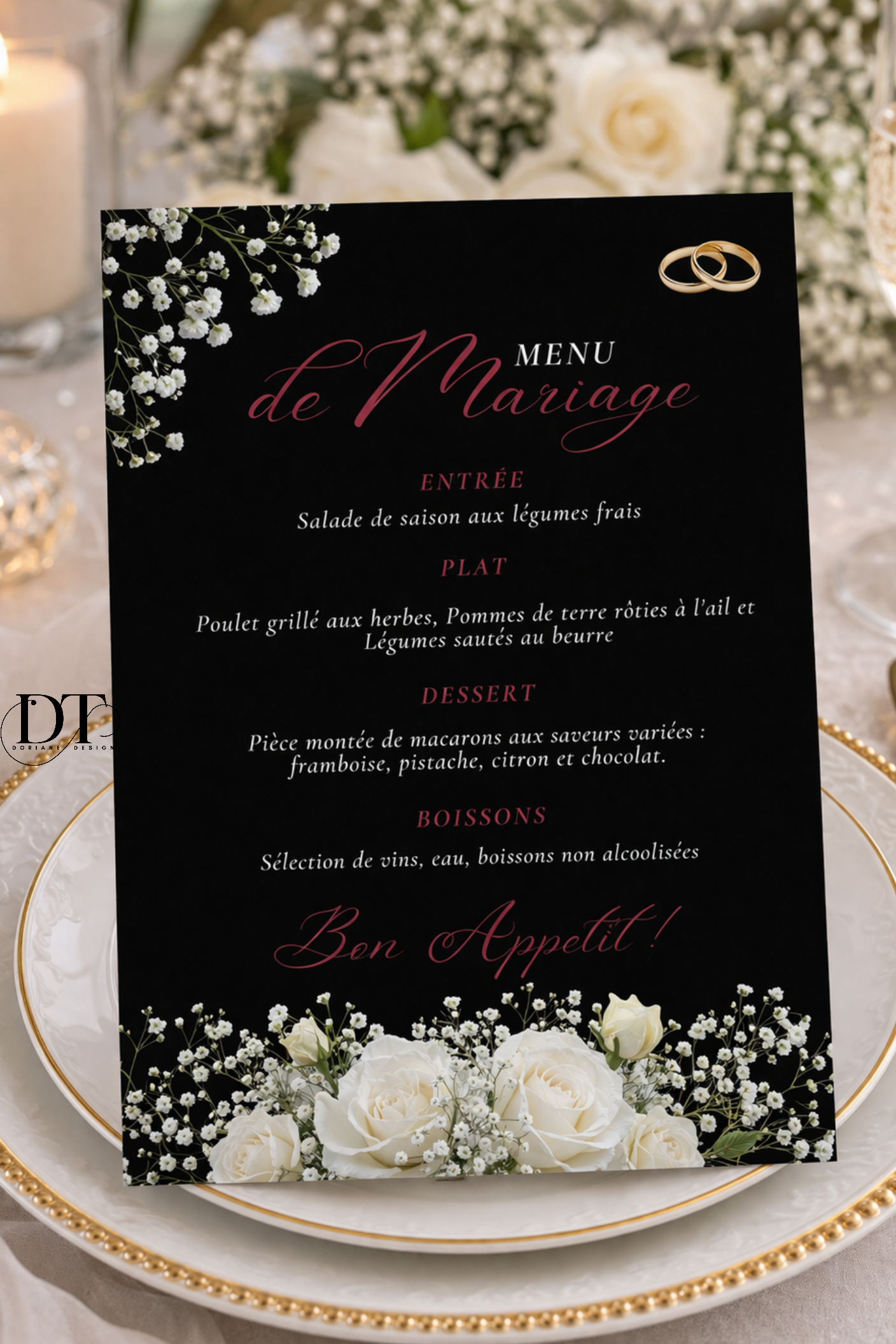 Menu mariage noir roses blanches