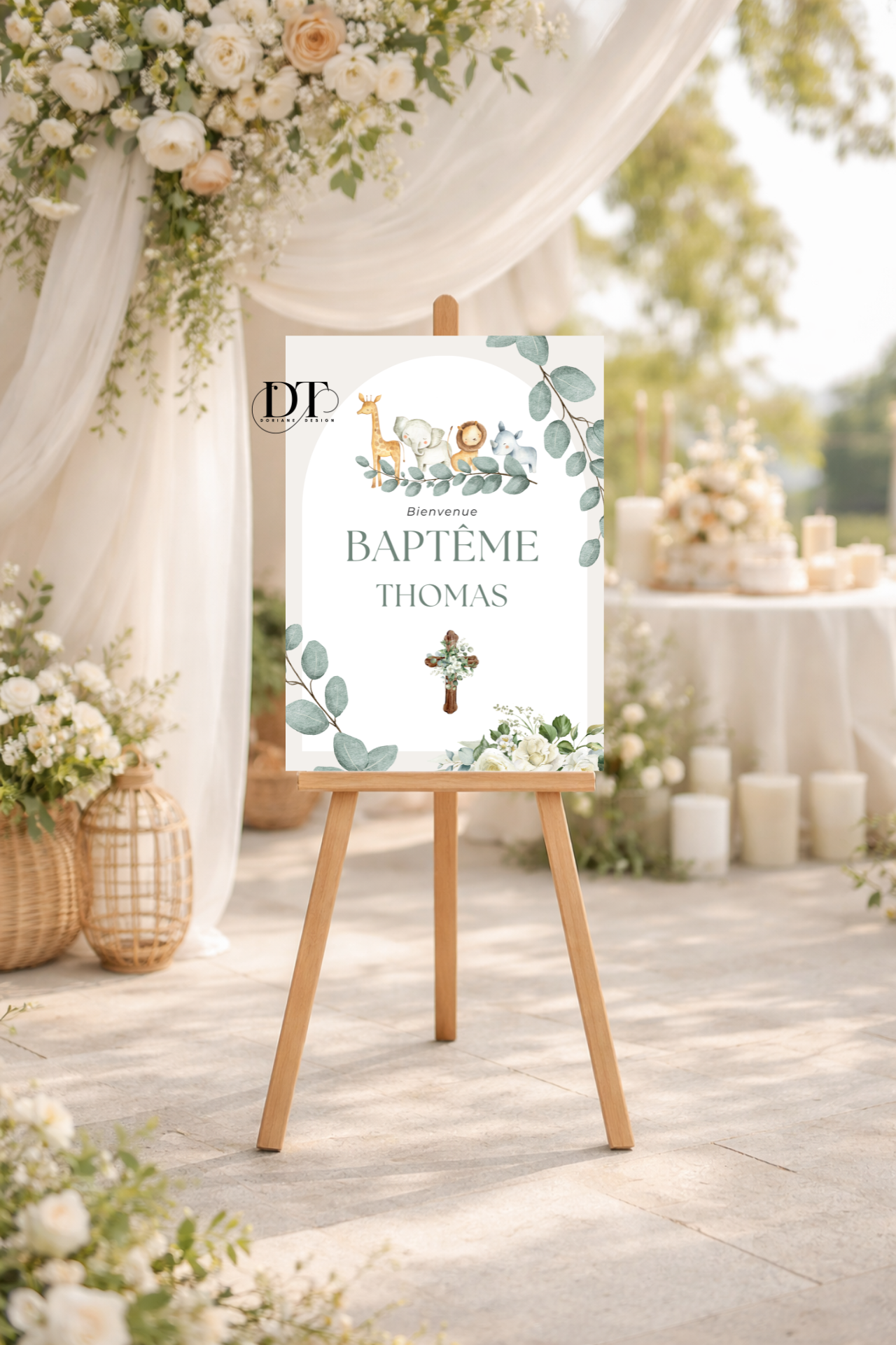 Affiche décoration de baptême floral vert jungle animaux