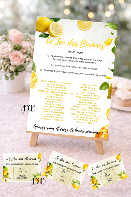 Jeu des binômes mariage – 64 cartes + affiche A4 – Animation invités originale – Jeu mariage Animation invités mariage thème dolce vita citrons