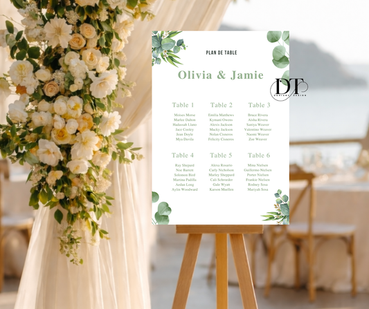 Plan de table personnalisé floral vert feuillage panneau métal A4 panneau plan de table mariage baptême anniversaire Plan de table