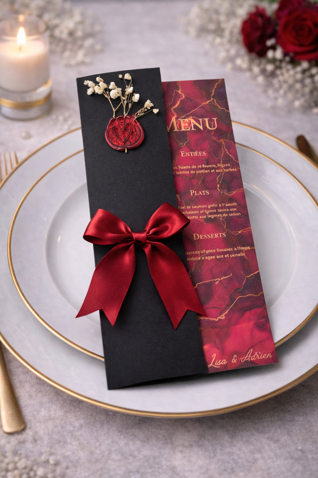 Menu Mariage personnalisé rouge & noir Ultra chic ruban , fleurs & cire