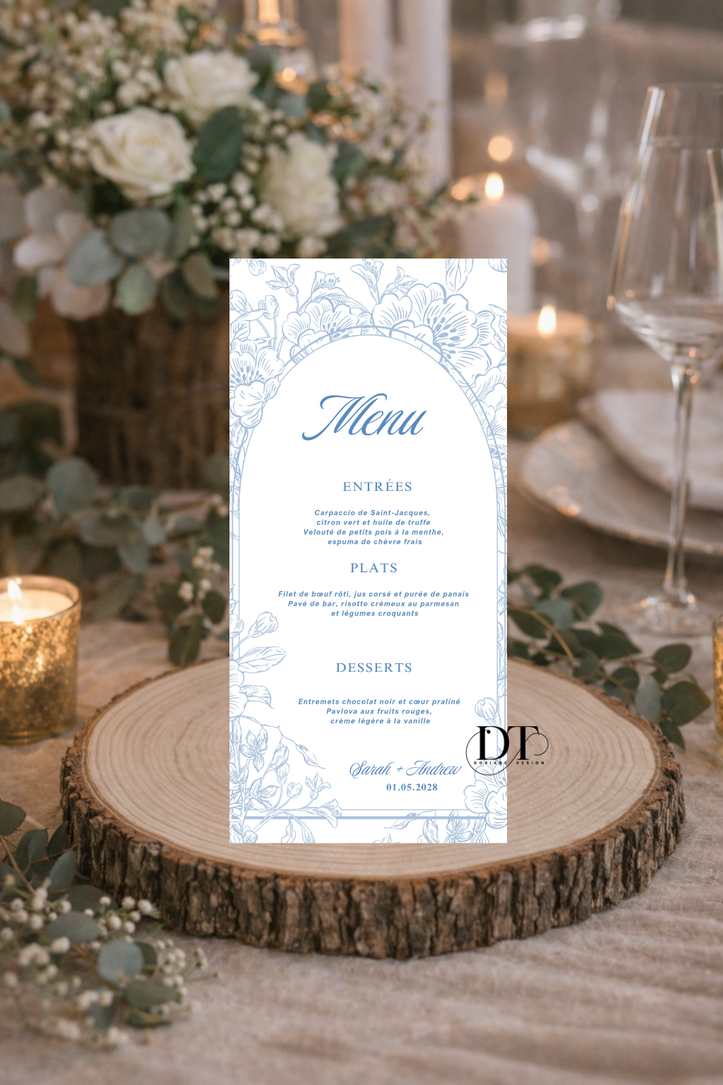 Menu mariage Vintage Bleu Poudré