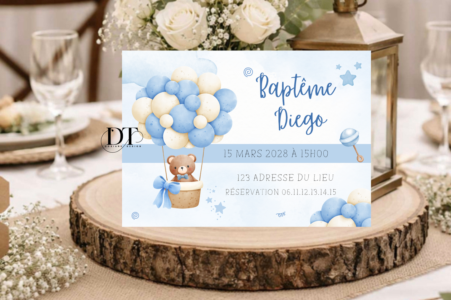 Faire-part de baptême oursons bleu