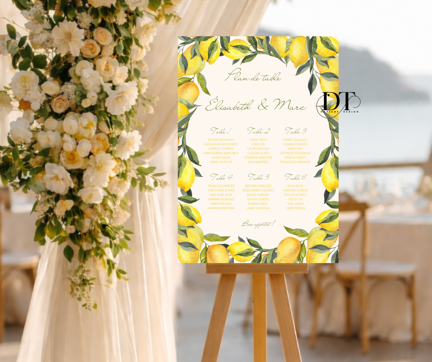 Plan de table personnalisé dolce vita citrons panneau métal A4 panneau plan de table mariage baptême anniversaire Plan de table citrons jaune