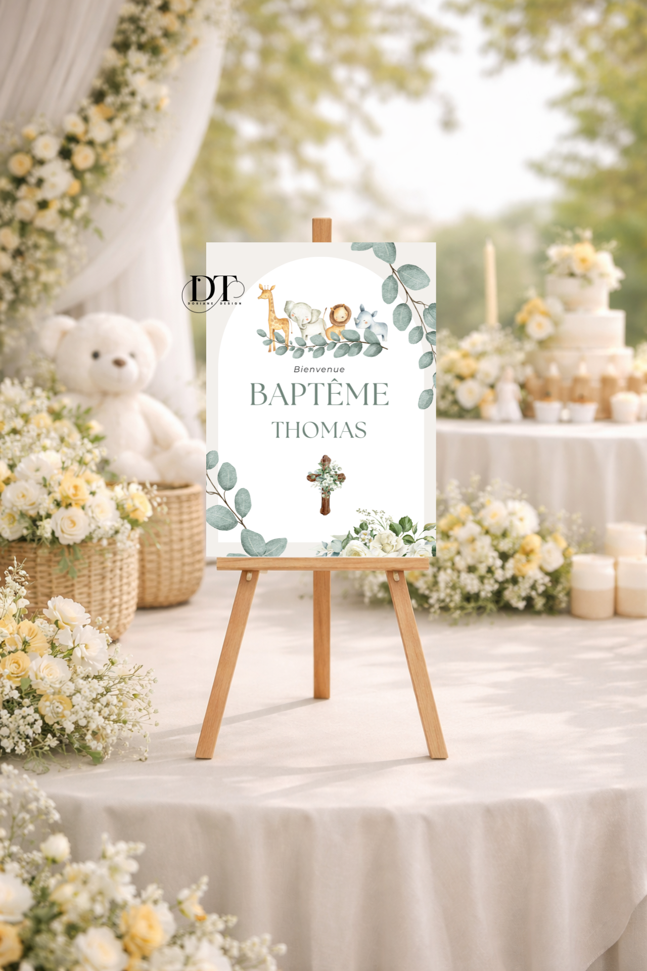 Affiche décoration de baptême floral vert jungle animaux