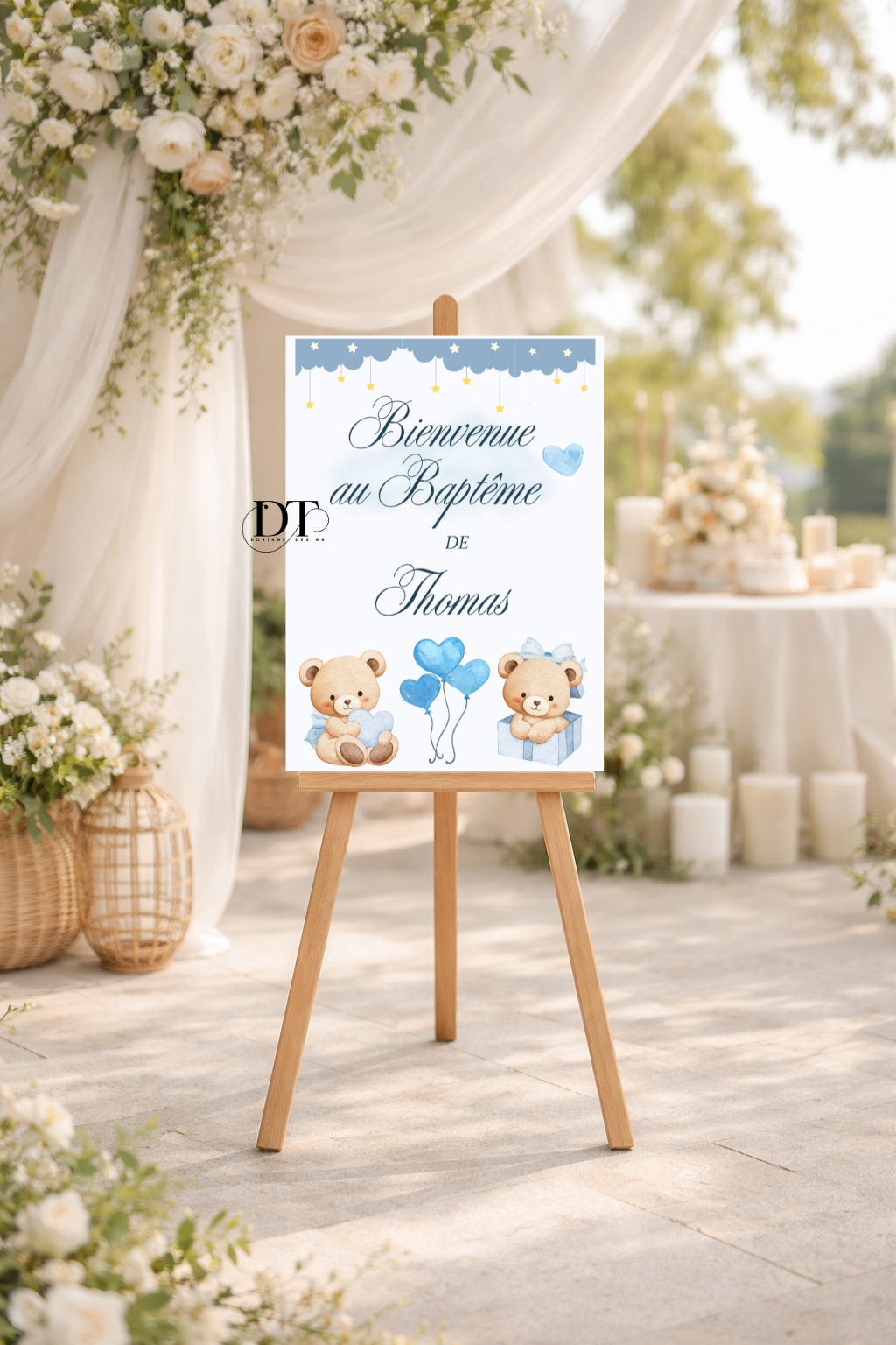 Panneau baptême oursons bleus & cœurs