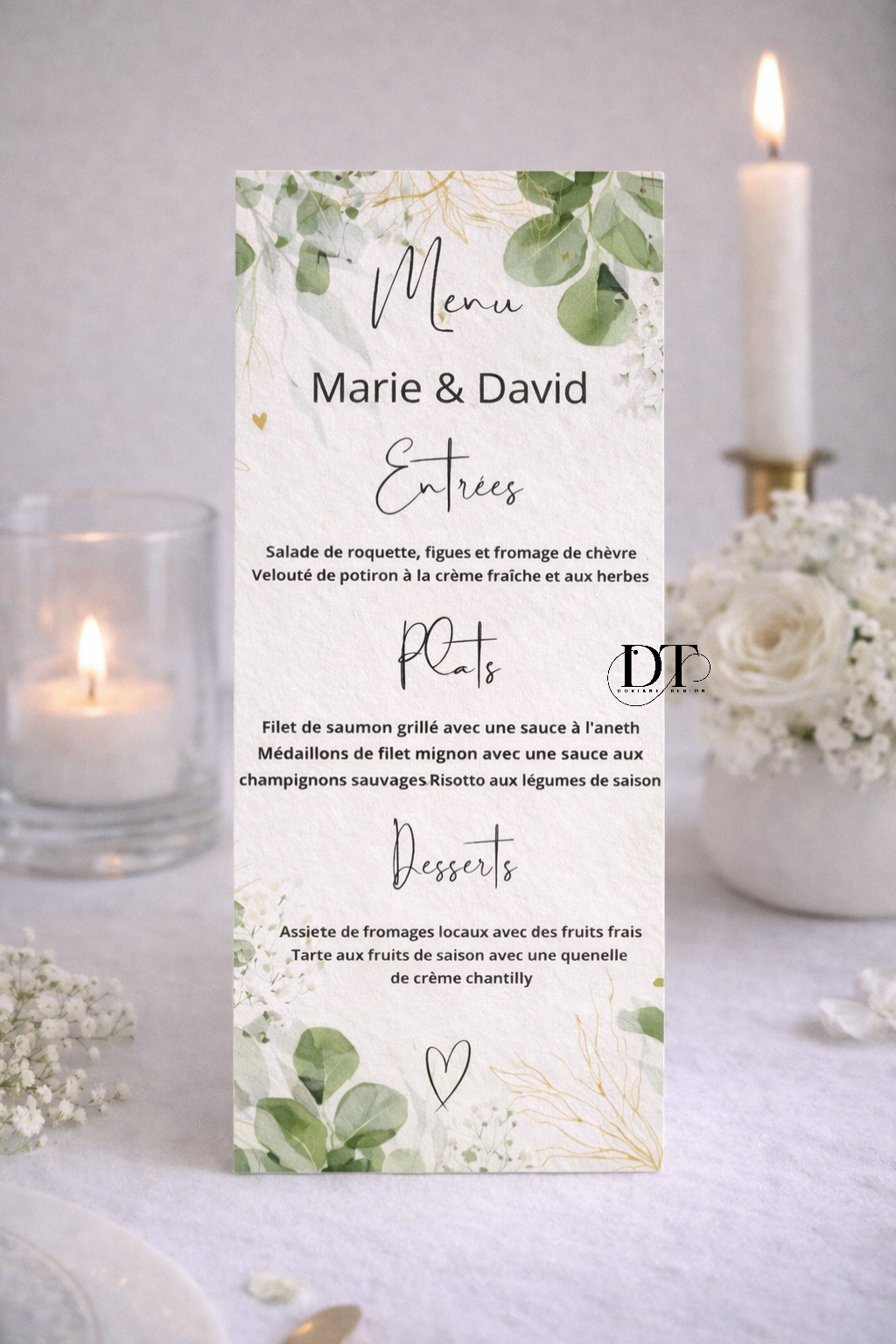 Menu mariage chic Feuillage vert