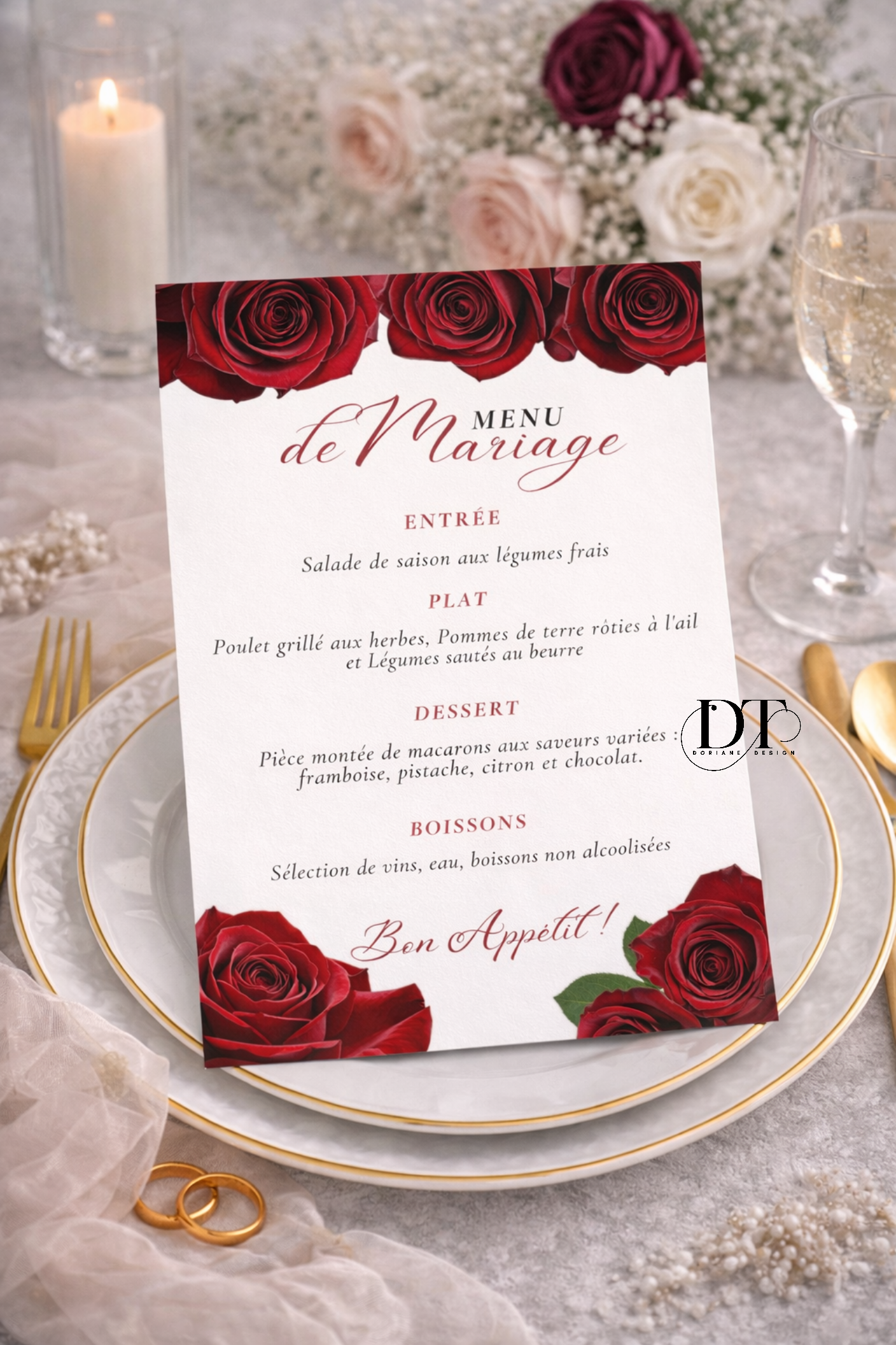 Menu mariage floral Roses rouges