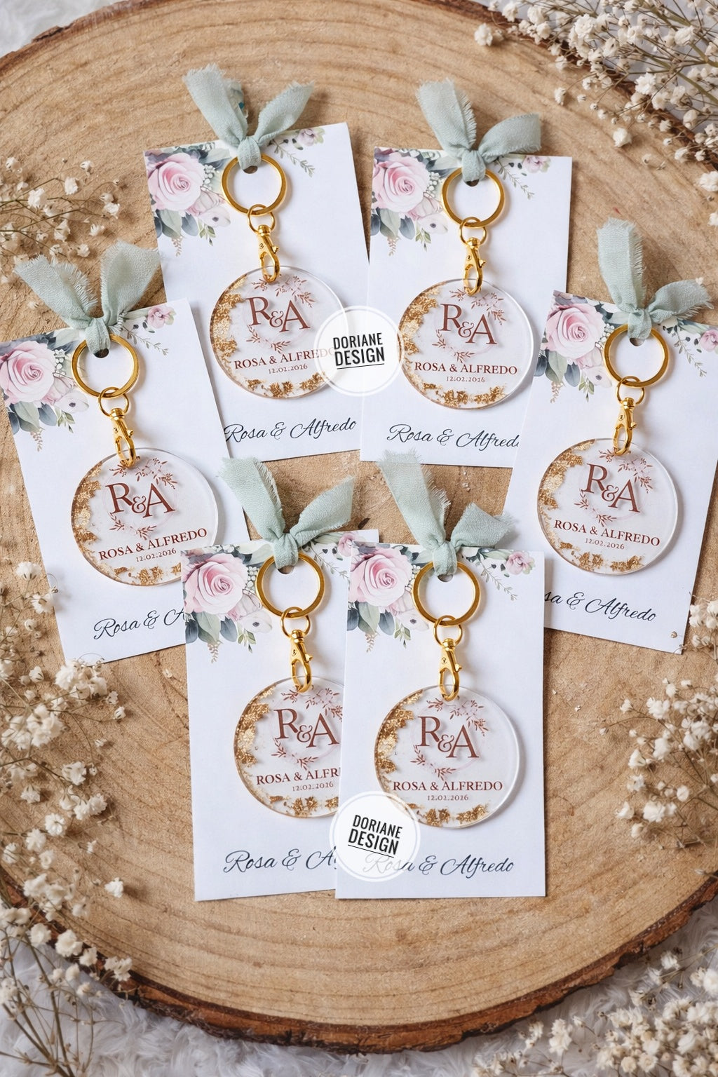 Porte-clé personnalisé plexiglas mariage | Cadeau invité avec initiales, prénoms & date | cadeaux invité original mariage feuille d’or