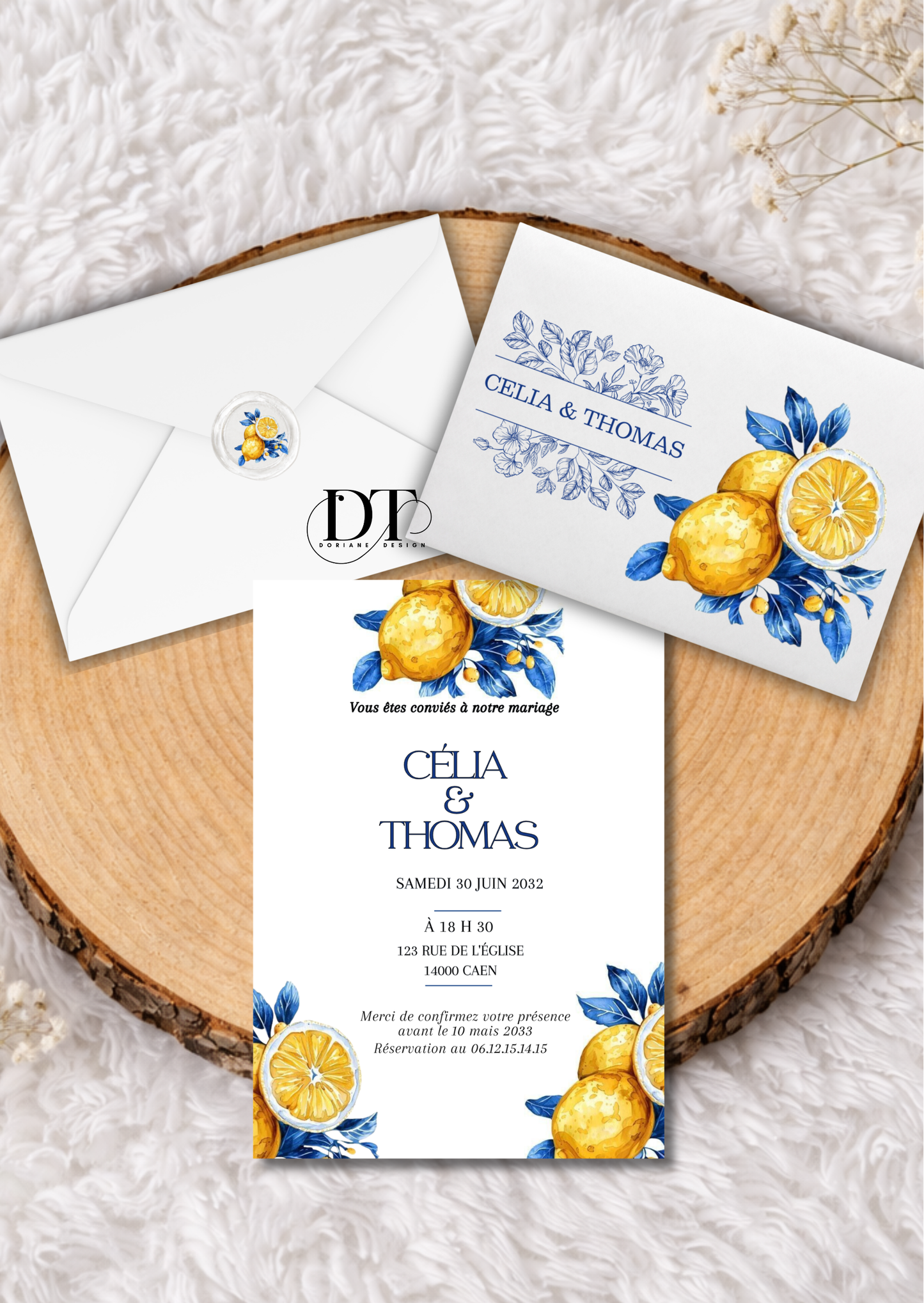 Faire-part mariage citron “Dolce Vita” avec enveloppe & cachet de cire assorti – faire part Personnalisé jaune bleu