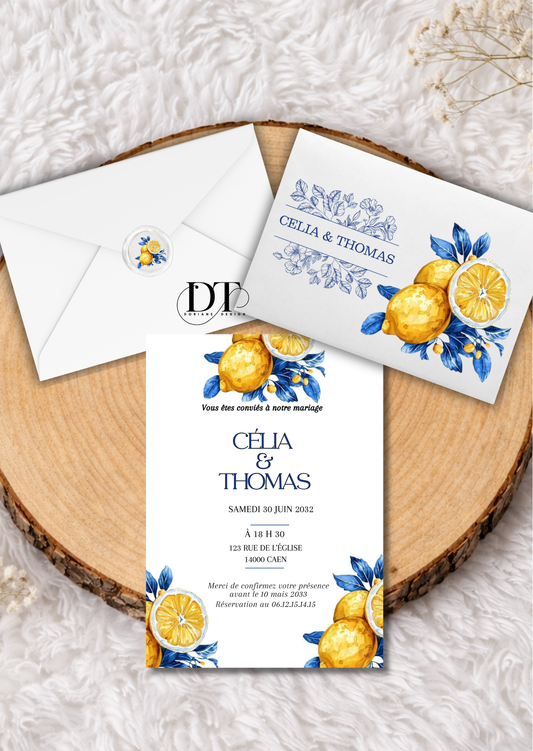 Faire-part mariage citron “Dolce Vita” avec enveloppe & cachet de cire assorti – faire part Personnalisé jaune bleu