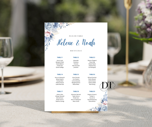 Plan de table personnalisé floral bleu panneau métal A4 panneau plan de table mariage baptême anniversaire Plan de table