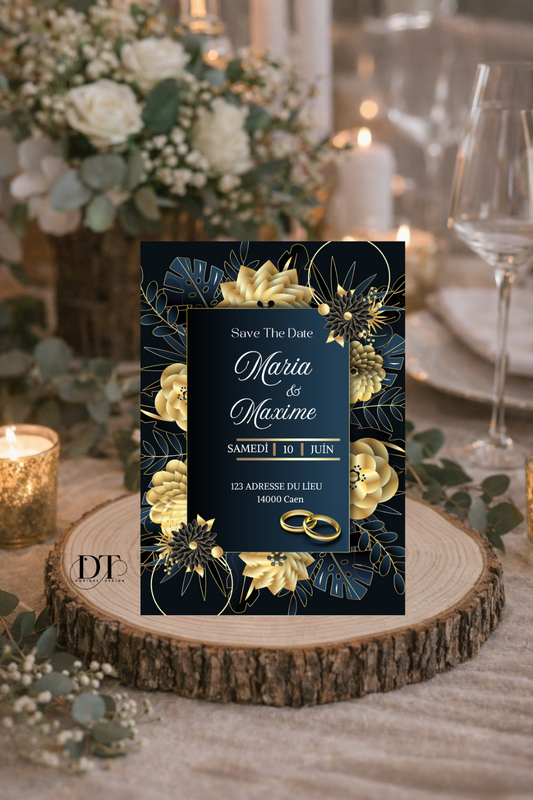 Faire-part mariage noir bleu nuit et doré floral – invitation luxe élégante personnalisée