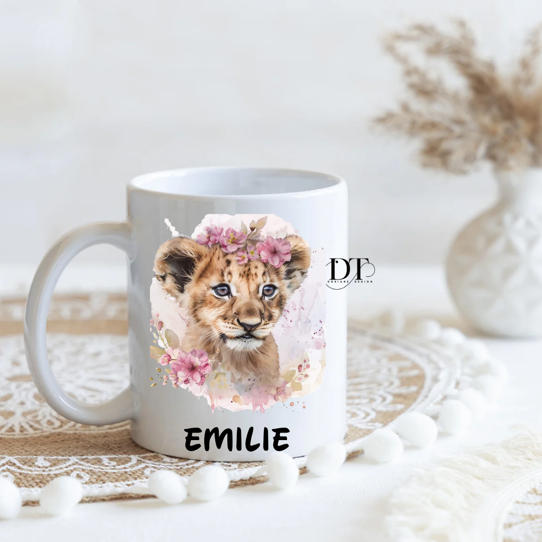 Mug personnalisé lionceau et fleurs