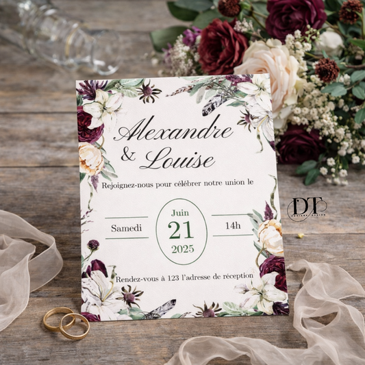 Faire part mariage floral bordeaux