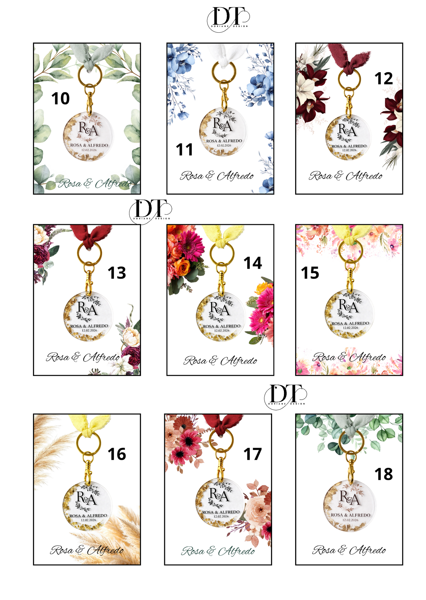Porte-clé personnalisé plexiglas mariage | Cadeau invité avec initiales, prénoms & date | cadeaux invité original mariage feuille d’or