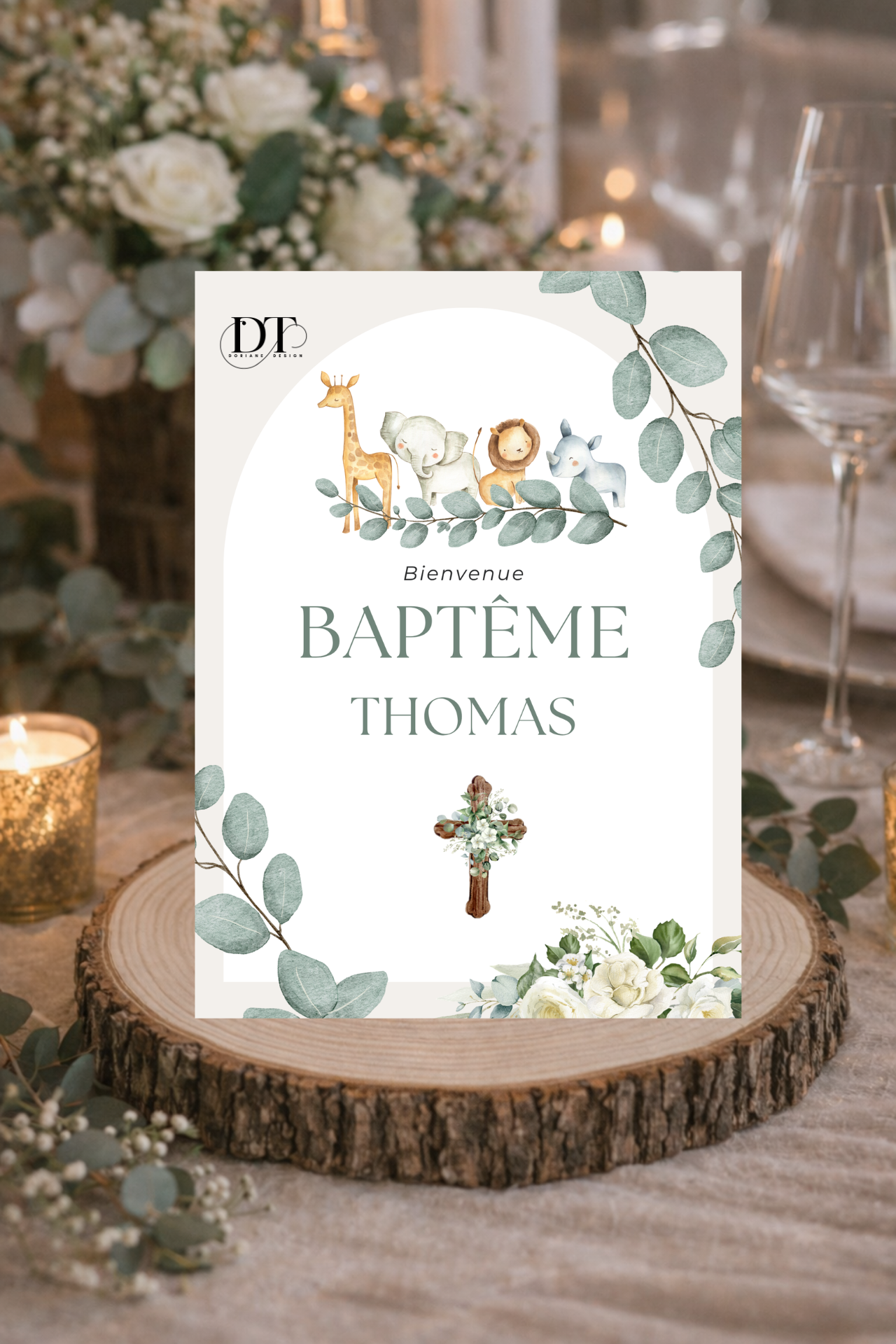 Affiche décoration de baptême floral vert jungle animaux