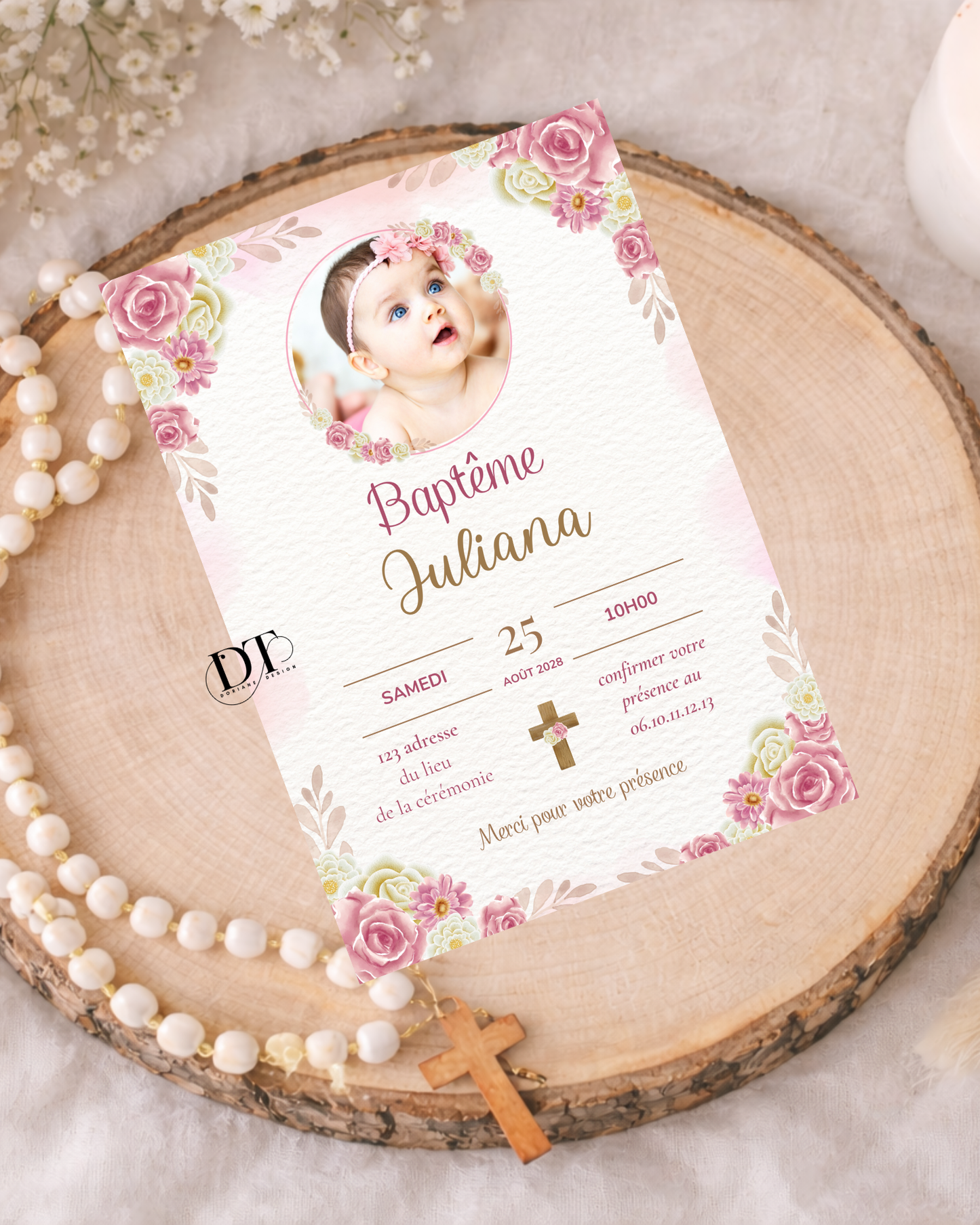 Faire-part de baptême floral ton rose