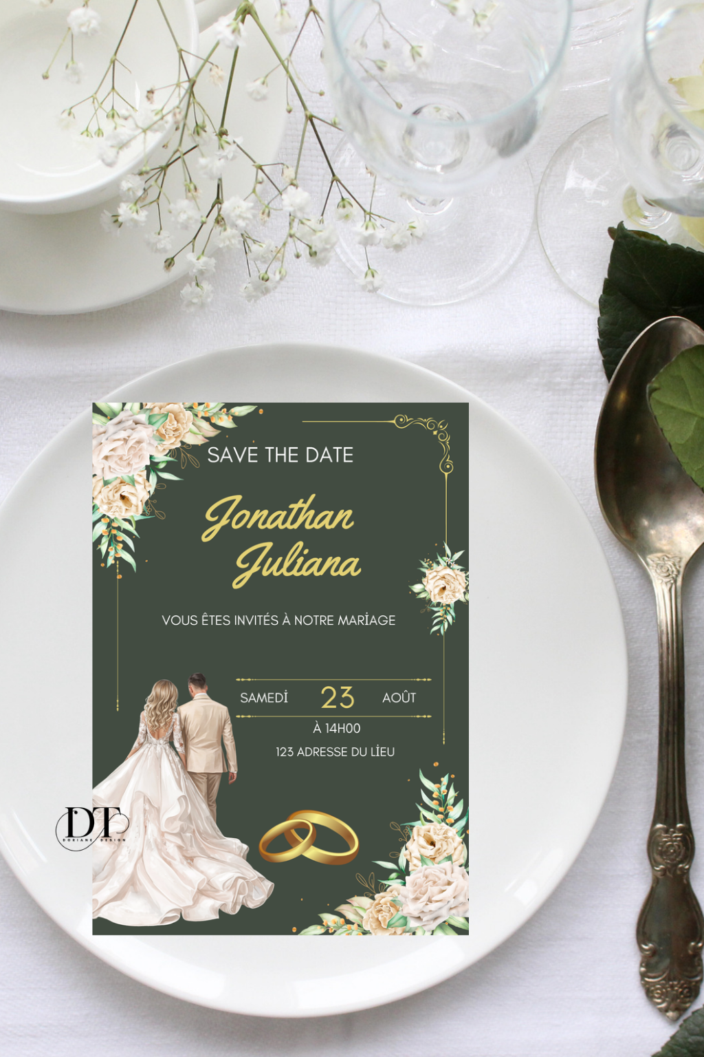 Faire-part mariage vert et or avec illustration mariés – invitation élégante et romantique personnalisée