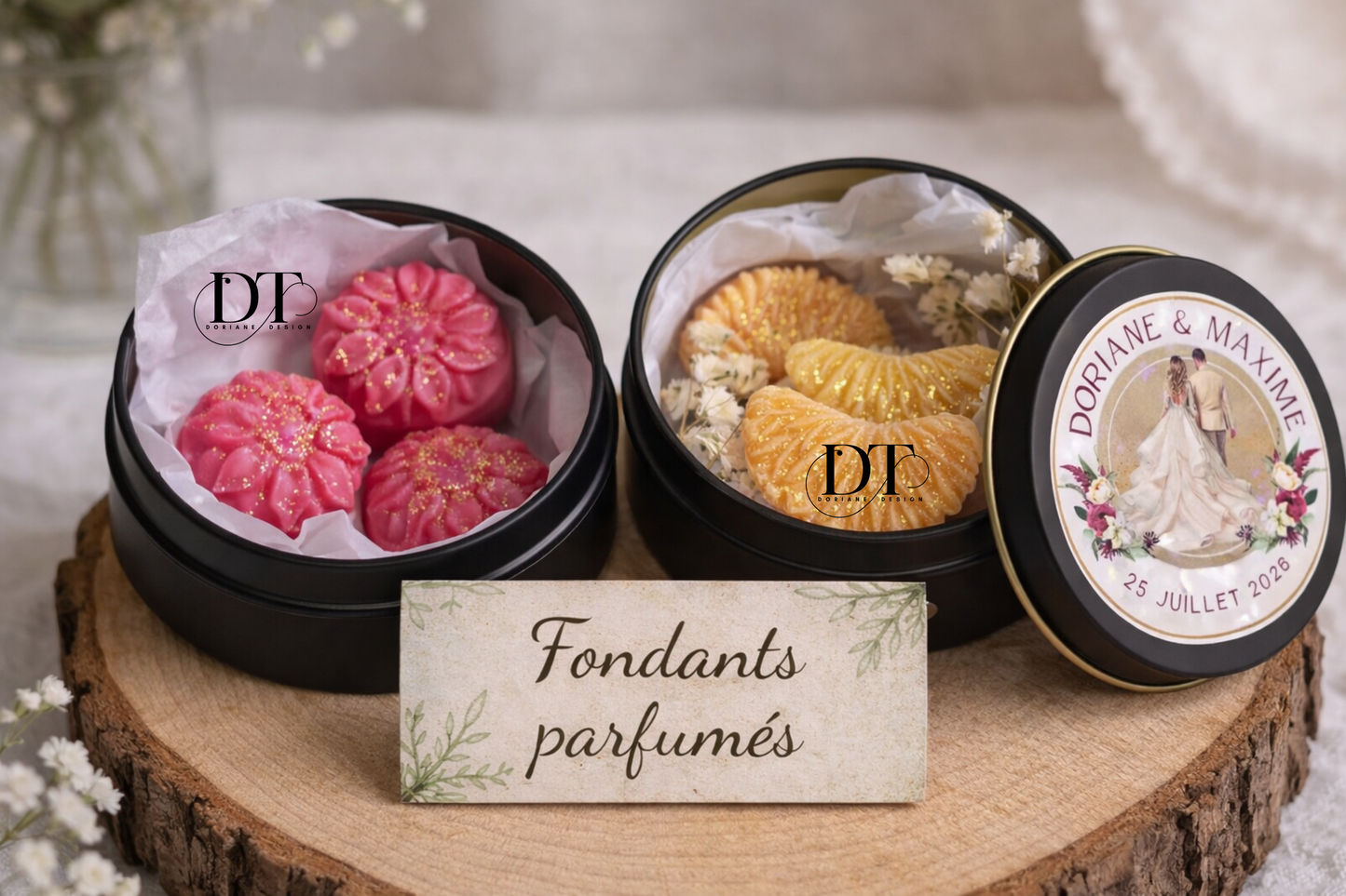 Fondants parfumés personnalisés – Cadeaux invités mariage fondants dans jolie boîte