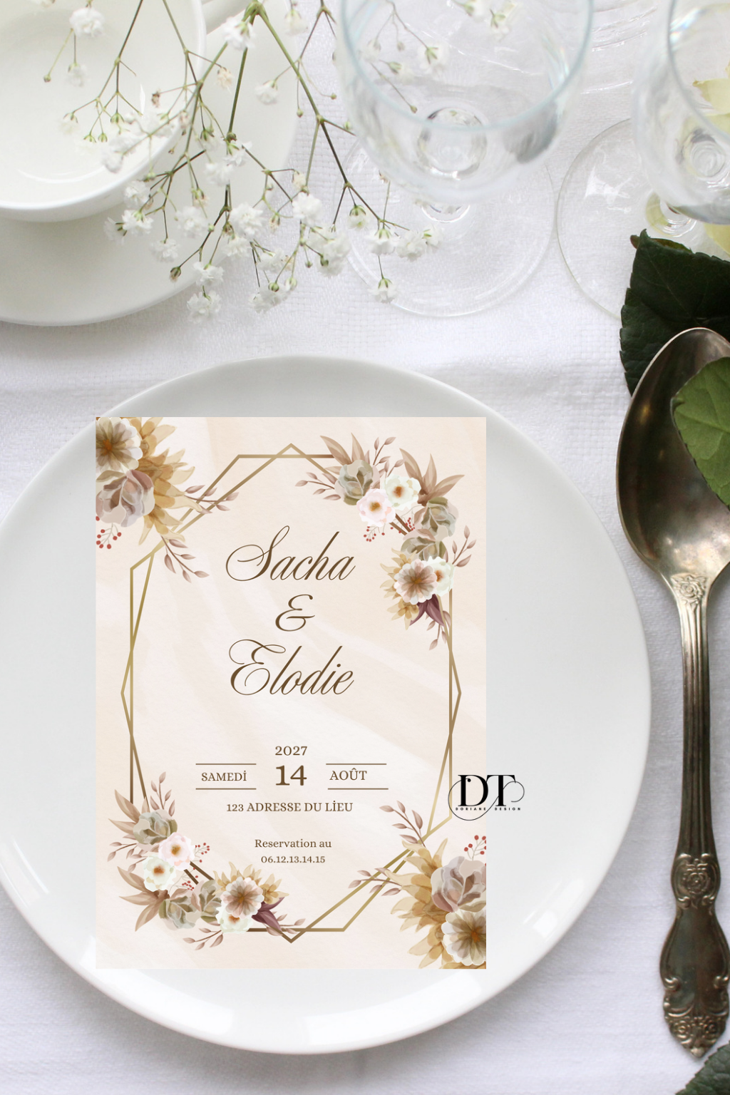 Faire-part mariage bohème beige floral – invitation élégante avec cadre géométrique